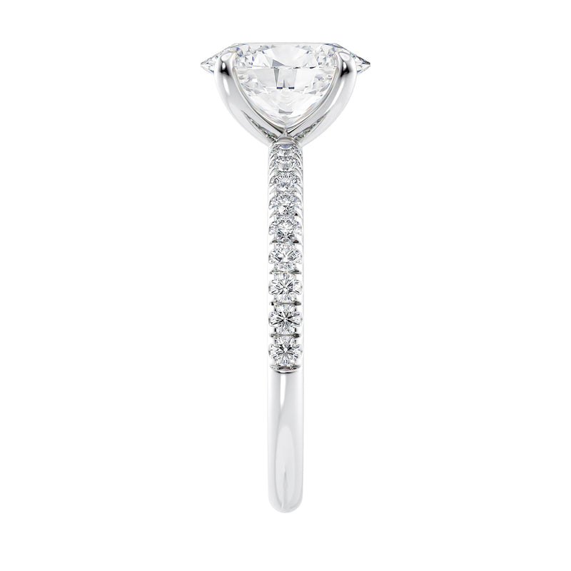 Laboratory grown diamond oval solitaire engagement ring with slim diamond band white gold end view.