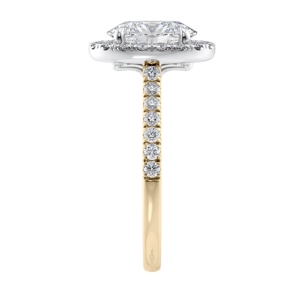 Lab grown diamond oval halo engagement ring 18ct gold end view.