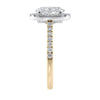 Lab grown diamond oval halo engagement ring 18ct gold end view.