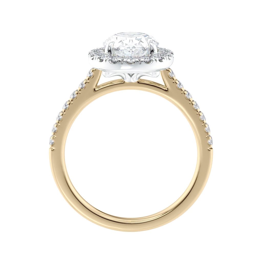Lab grown diamond oval halo engagement ring 18ct gold side view.