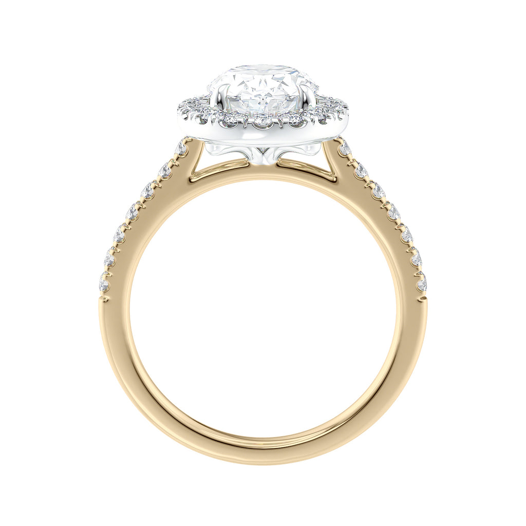 Lab grown diamond oval halo engagement ring 18ct gold side view.