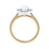 Lab grown diamond oval halo engagement ring 18ct gold side view.