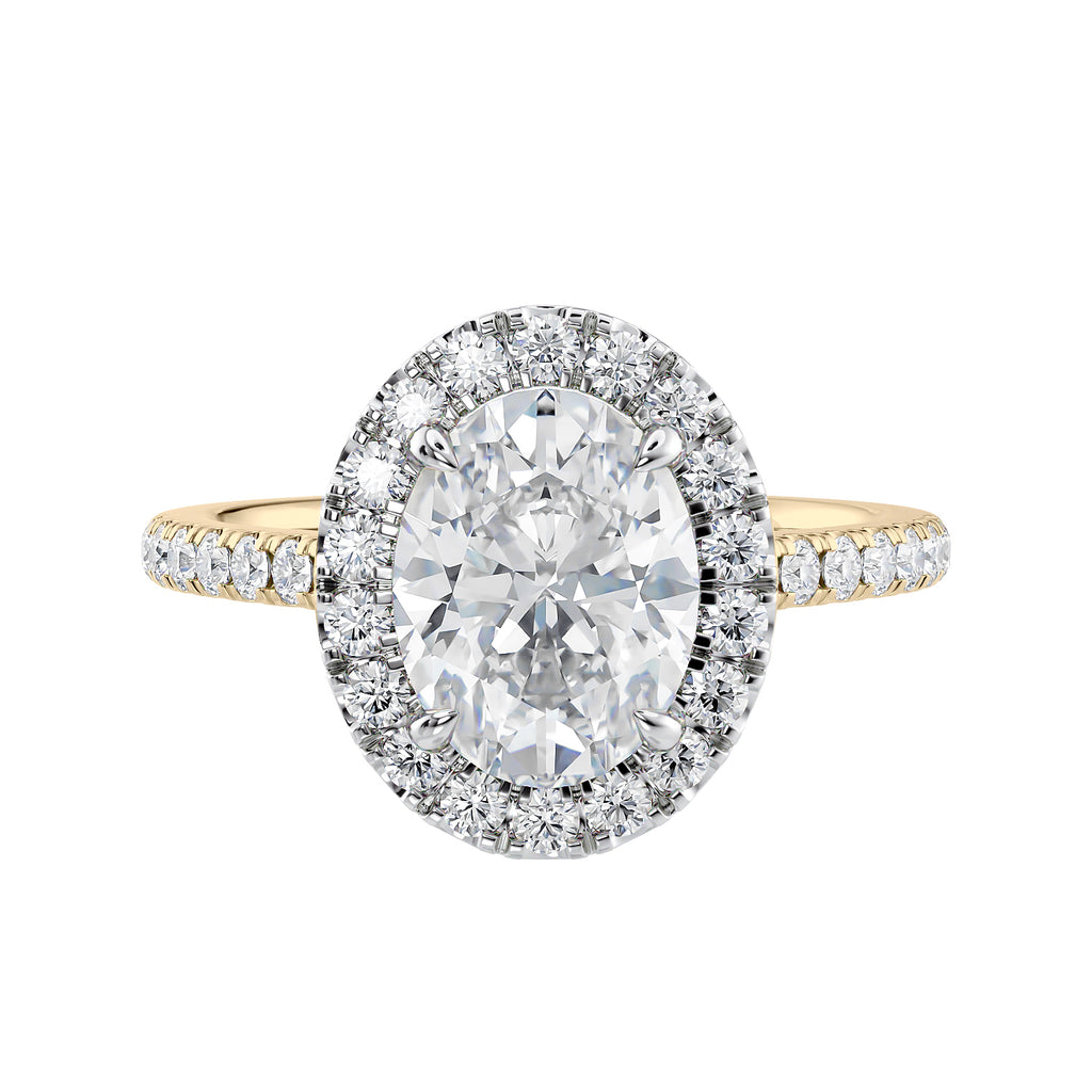 Lab grown diamond oval halo engagement ring 18ct gold front view.