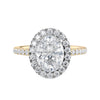 Lab grown diamond oval halo engagement ring 18ct gold front view.