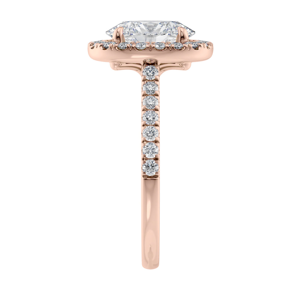 Lab grown diamond oval halo engagement ring 18ct rose gold end view.