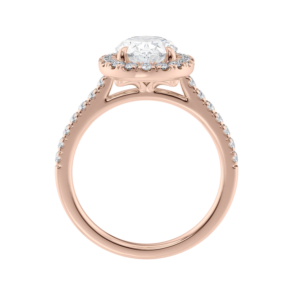 Lab grown diamond oval halo engagement ring 18ct rose gold side view.