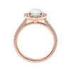 Lab grown diamond oval halo engagement ring 18ct rose gold side view.