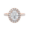 Lab grown diamond oval halo engagement ring 18ct rose gold front view.