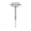 Lab grown diamond oval halo engagement ring white gold end view.