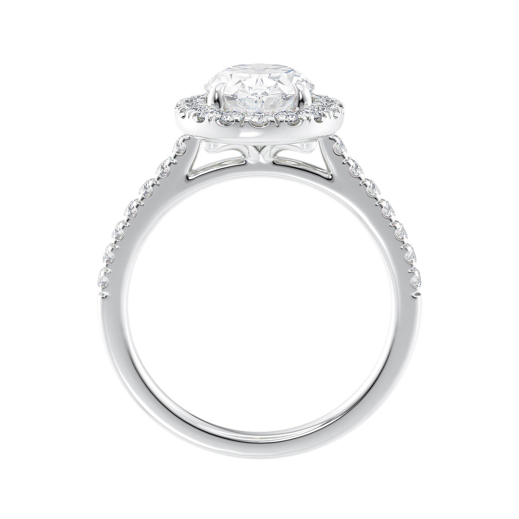 Lab grown diamond oval halo engagement ring white gold side view.