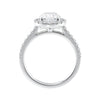 Lab grown diamond oval halo engagement ring white gold side view.