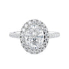 Lab grown diamond oval halo engagement ring white gold front view.
