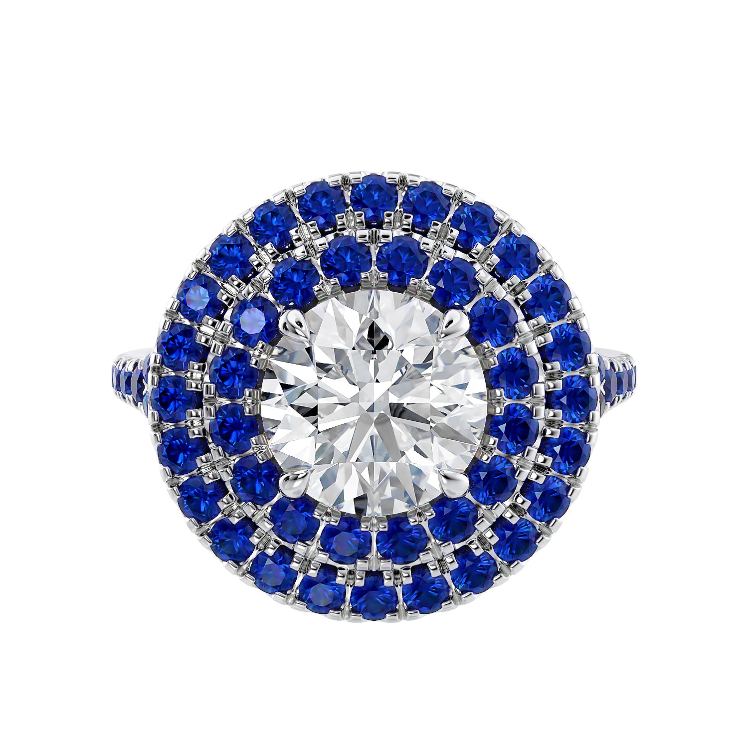 Sapphire and lab grown diamond halo ring on a white background.