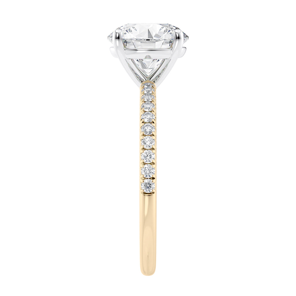 2 carat lab grown diamond engagement ring with slim diamond band gold end view.