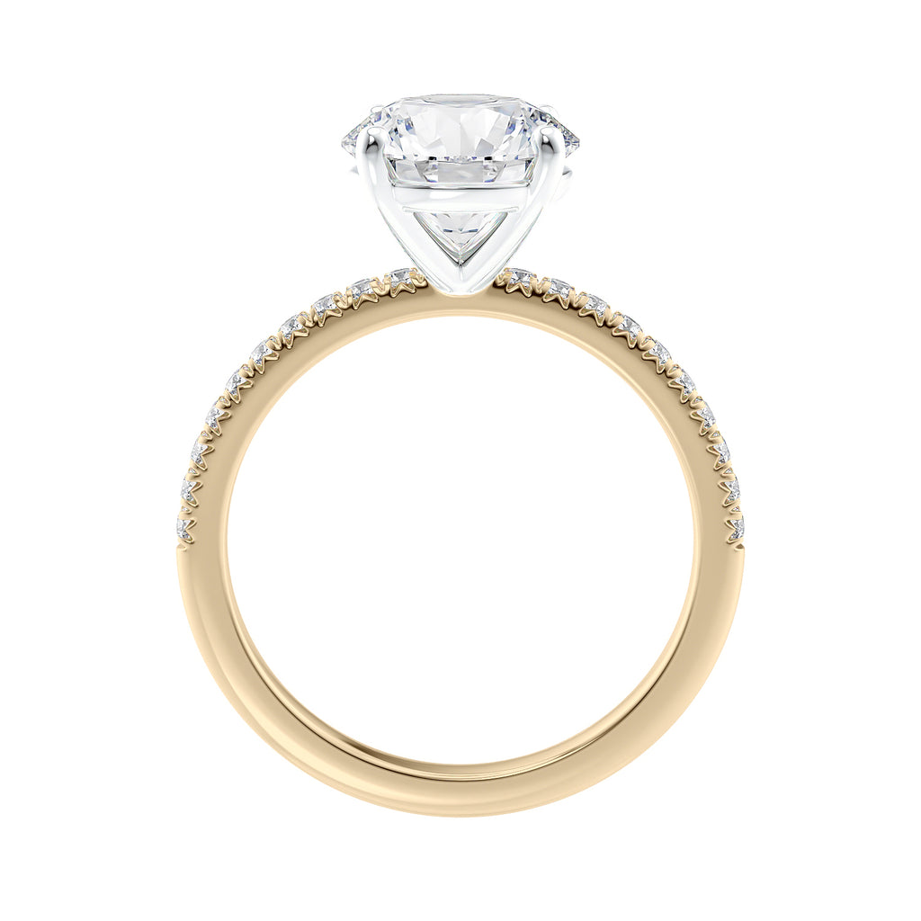 2 carat lab grown diamond engagement ring with slim diamond band gold side view.