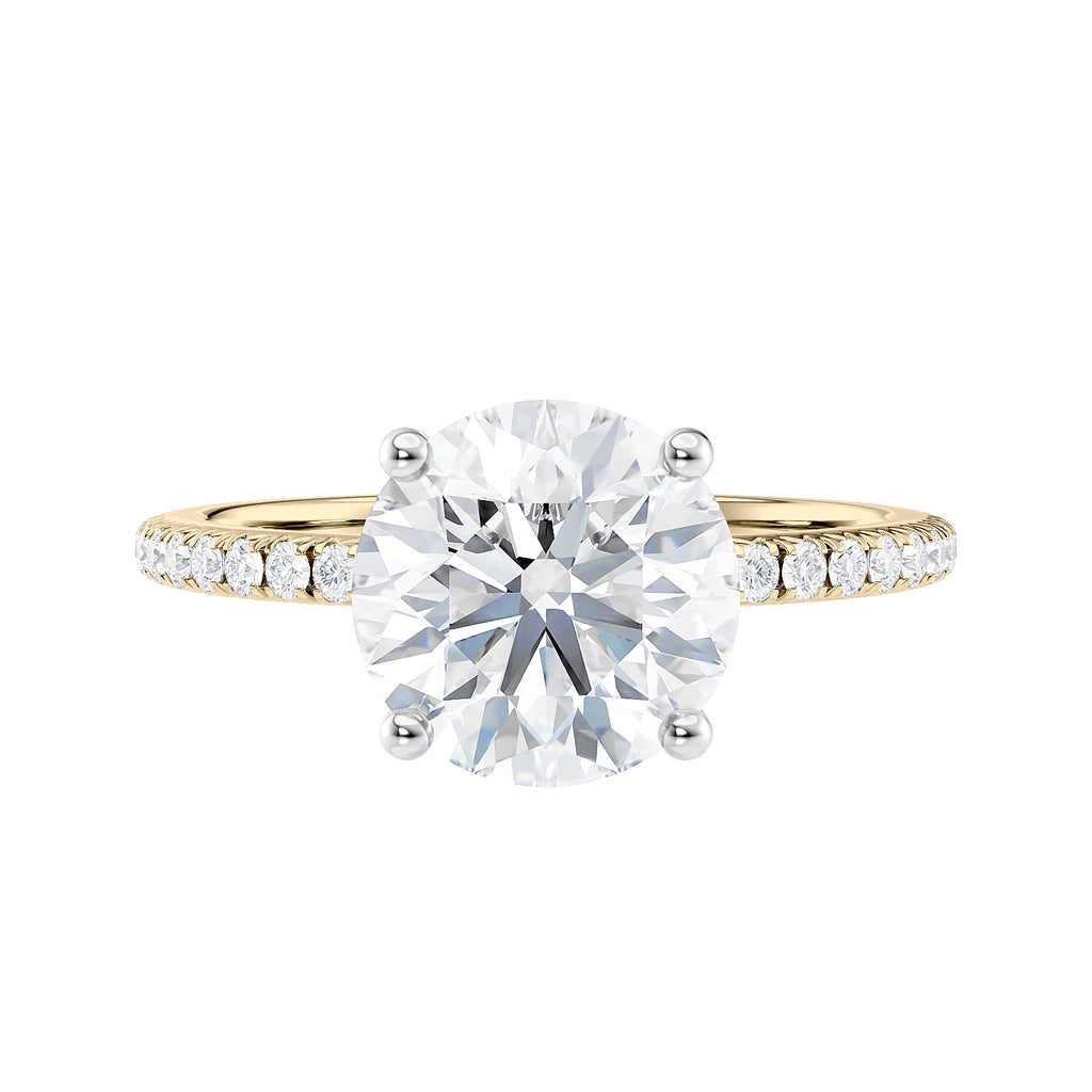 2 carat lab grown diamond engagement ring with slim diamond band gold front view.