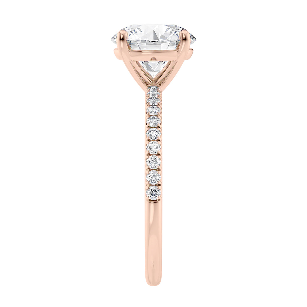 2 carat lab grown diamond engagement ring with slim diamond band rose gold end view.