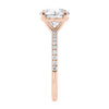 2 carat lab grown diamond engagement ring with slim diamond band rose gold end view.