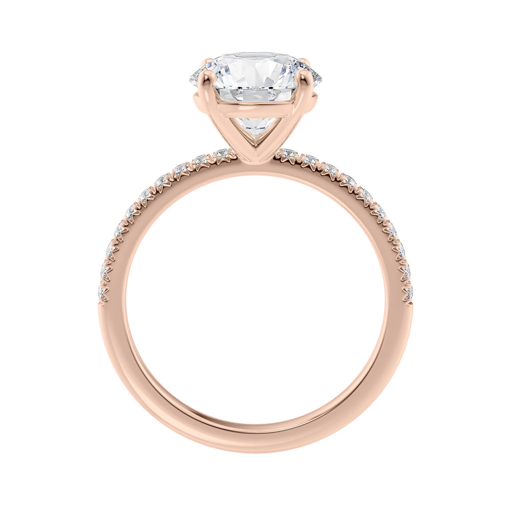 2 carat lab grown diamond engagement ring with slim diamond band rose gold side view.