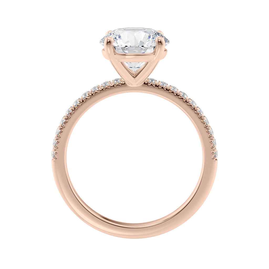 2 carat lab grown diamond engagement ring with slim diamond band rose gold side view.