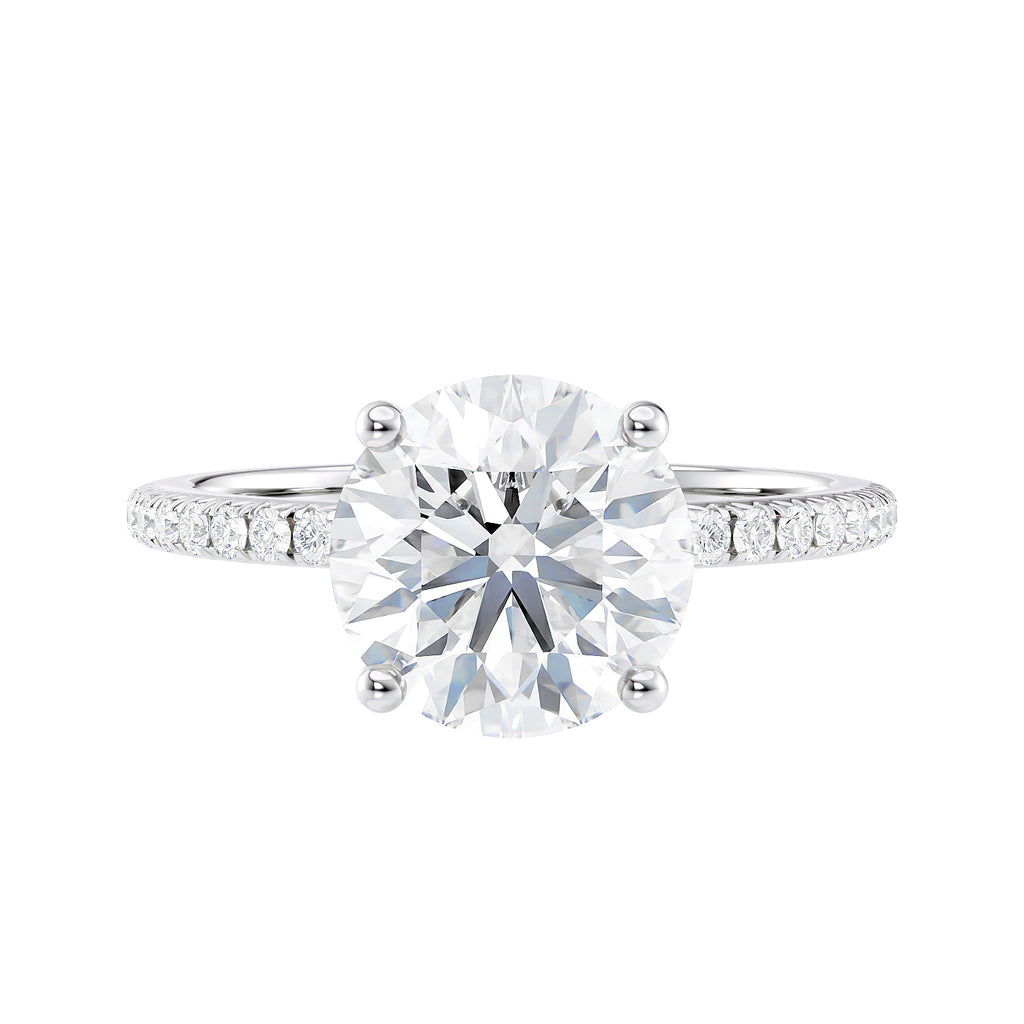 2 carat lab grown diamond engagement ring with slim diamond band white gold front view.