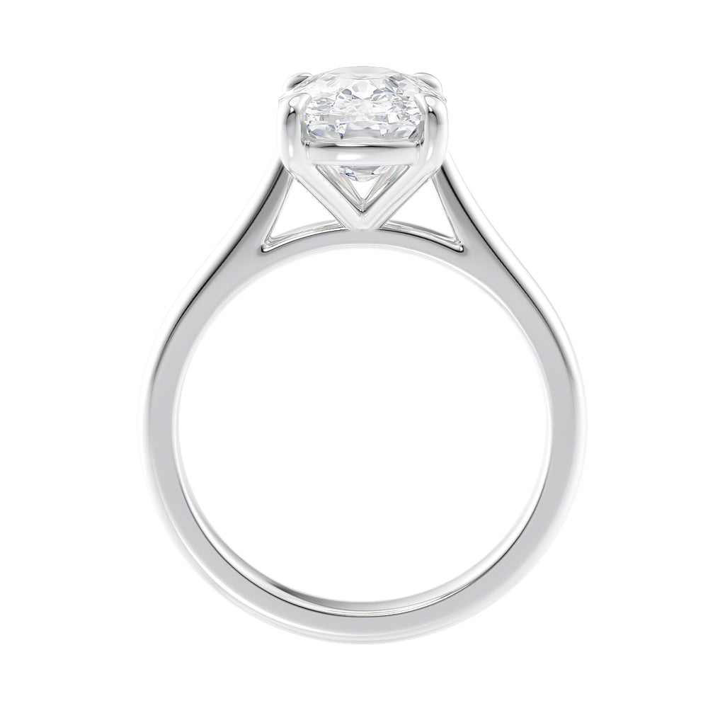 Lab grown elongated cushion cut solitaire diamond engagement ring white gold side view.