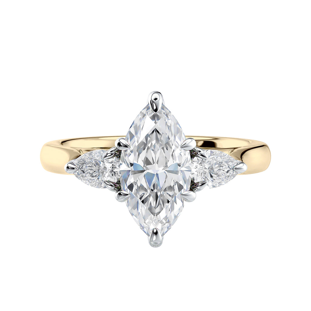 Marquise cut diamond with pear cut diamond shoulders 3 stone engagement ring gold front view.