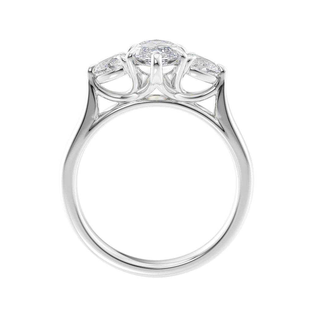Marquise cut diamond with pear cut diamond shoulders 3 stone engagement ring white gold side view.