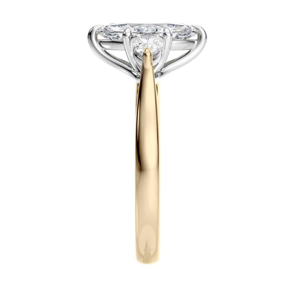 Lab grown marquise cut trilogy diamond engagement ring 18ct gold end view.