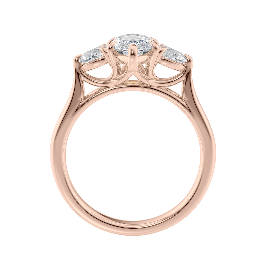 Lab grown marquise cut trilogy diamond engagement ring 18ct rose gold side view.