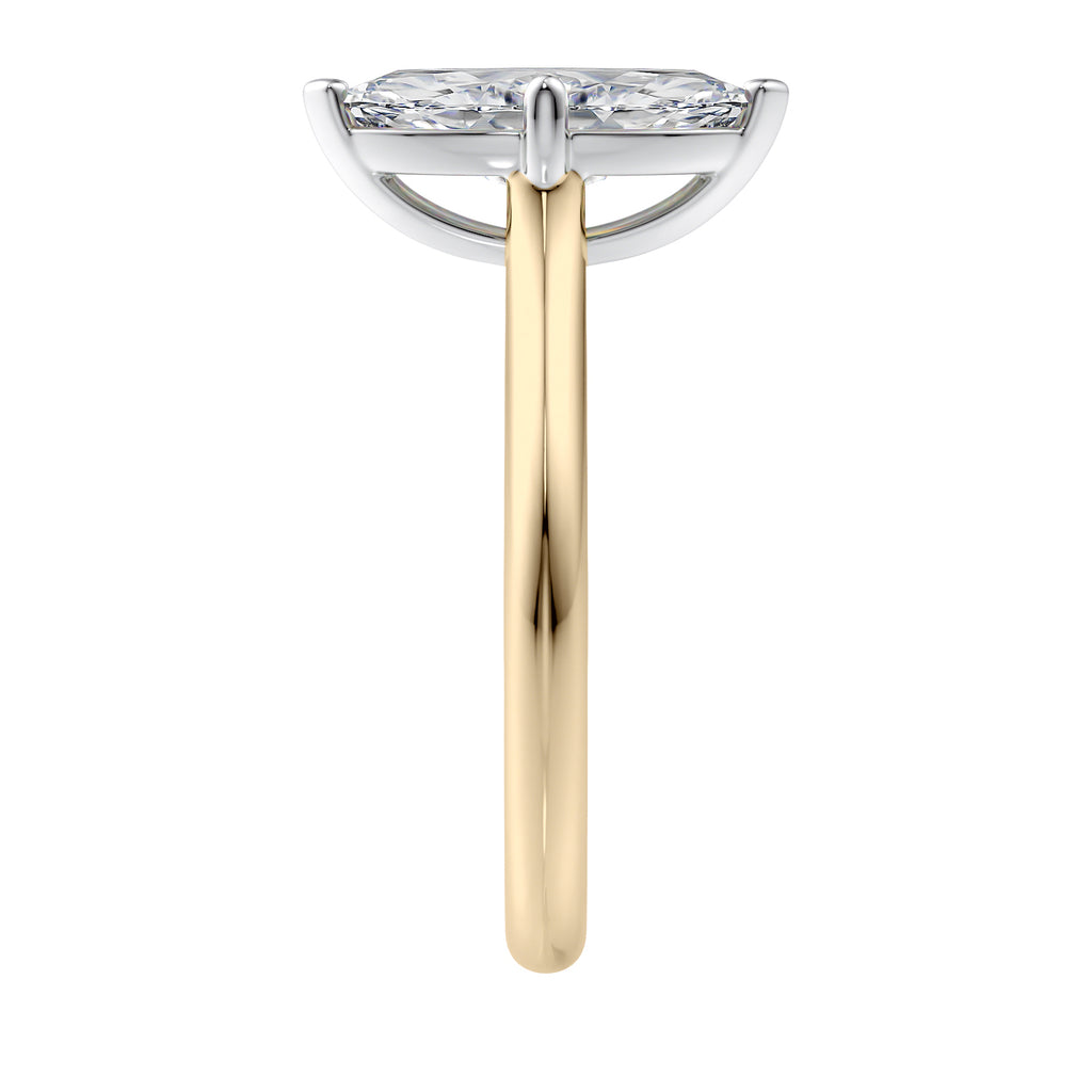 Lab grown diamond marquise cut solitaire engagement ring with diamond bridge 18ct gold end view.