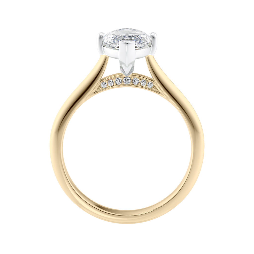 Lab grown diamond marquise cut solitaire engagement ring with diamond bridge 18ct gold side view.