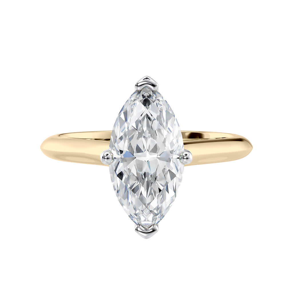 Lab grown diamond marquise cut solitaire engagement ring with diamond bridge 18ct gold front view.