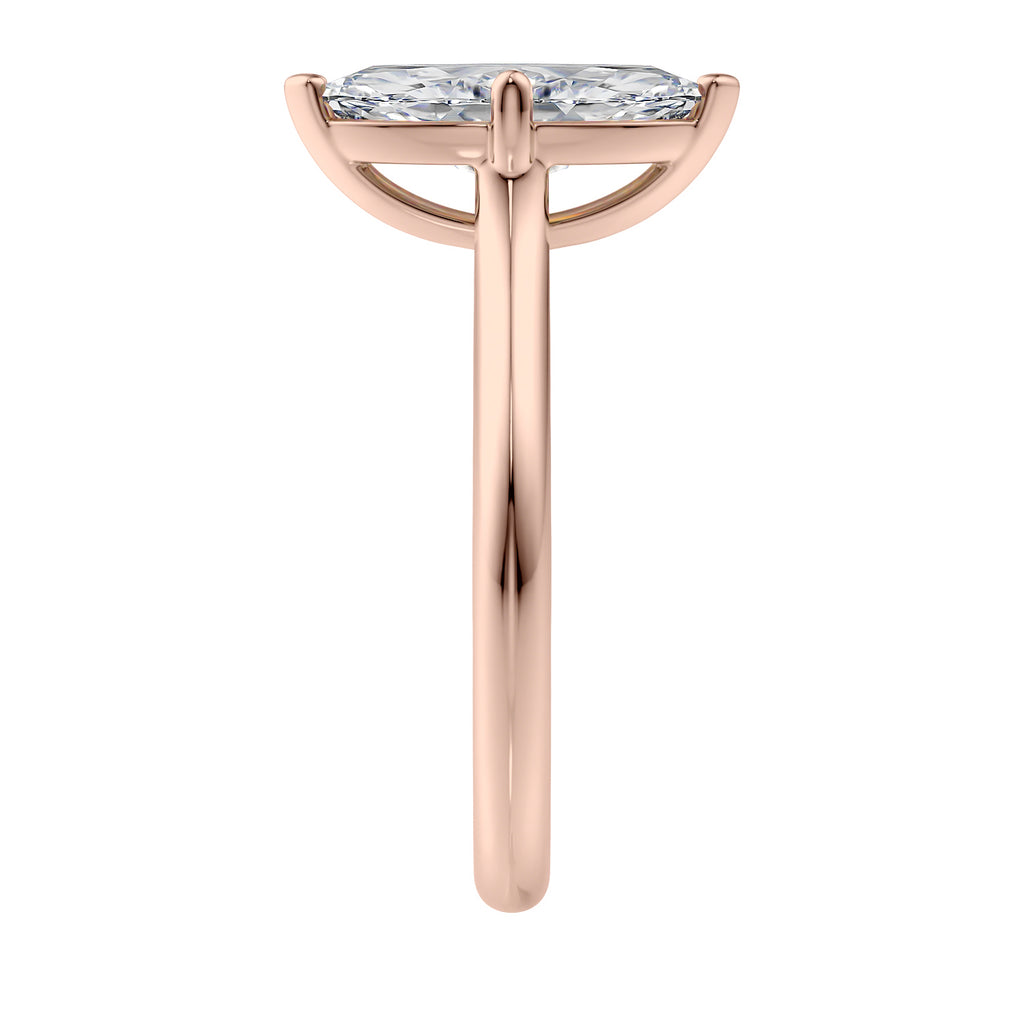 Lab grown diamond marquise cut solitaire engagement ring with diamond bridge 18ct rose gold end view.