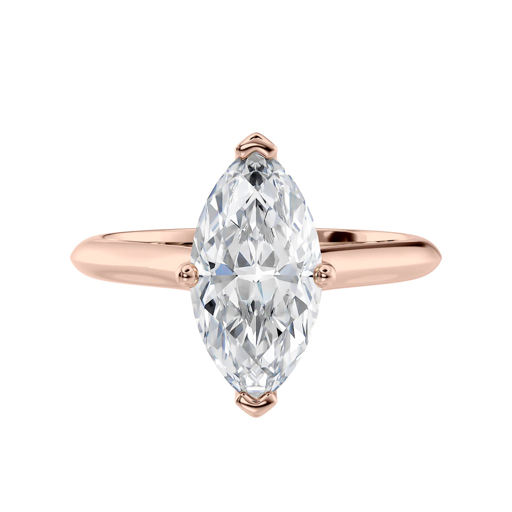 Lab grown diamond marquise cut solitaire engagement ring with diamond bridge 18ct rose gold front view.