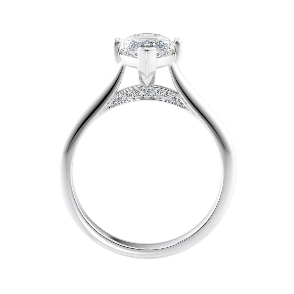 Lab grown diamond marquise cut solitaire engagement ring with diamond bridge white gold side view.