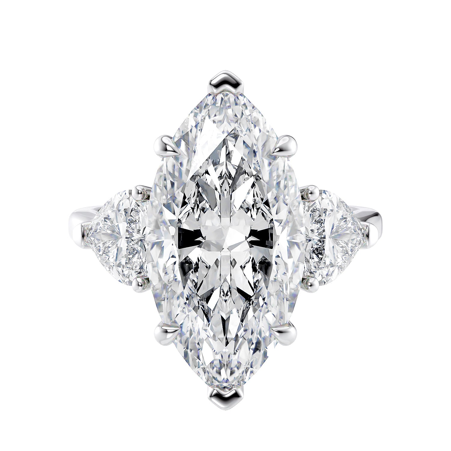 Marquise and heart cut 3 stone lab grown diamond engagement ring white gold front view.