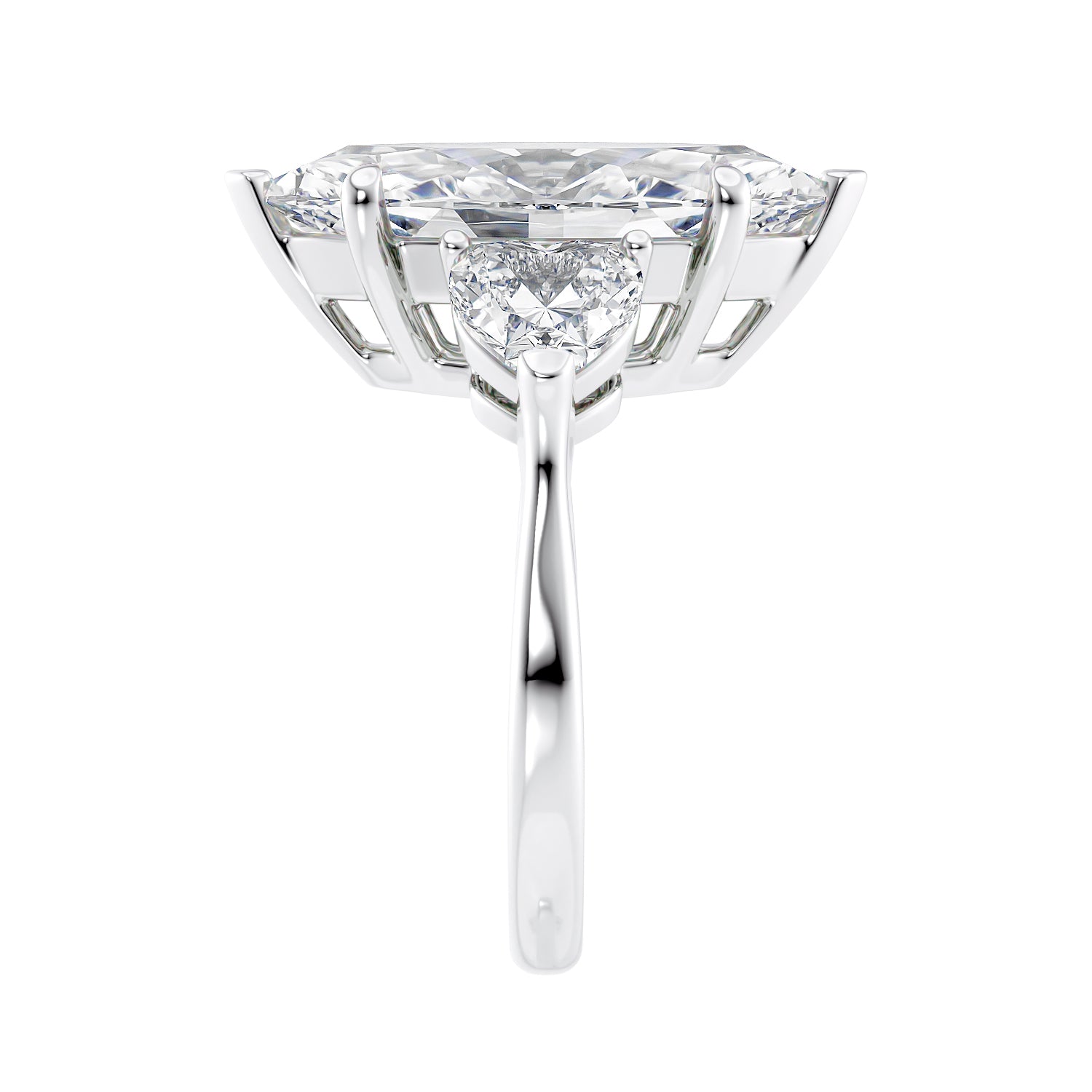 Side view of a three stone marquise cut centre with heart side diamond engagement ring platinum on a white background.