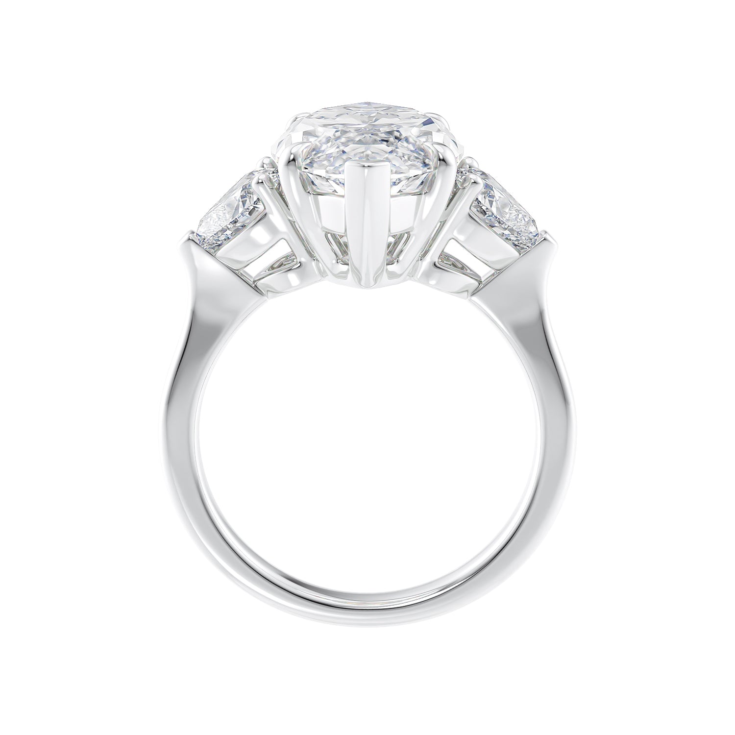 3 stone marquise cut center with heart side diamonds engagement ring platinum side view.