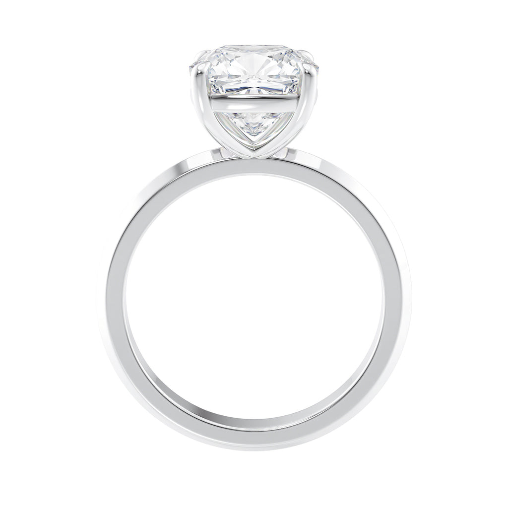 Natural cushion cut diamond solitaire engagement ring white gold side view.