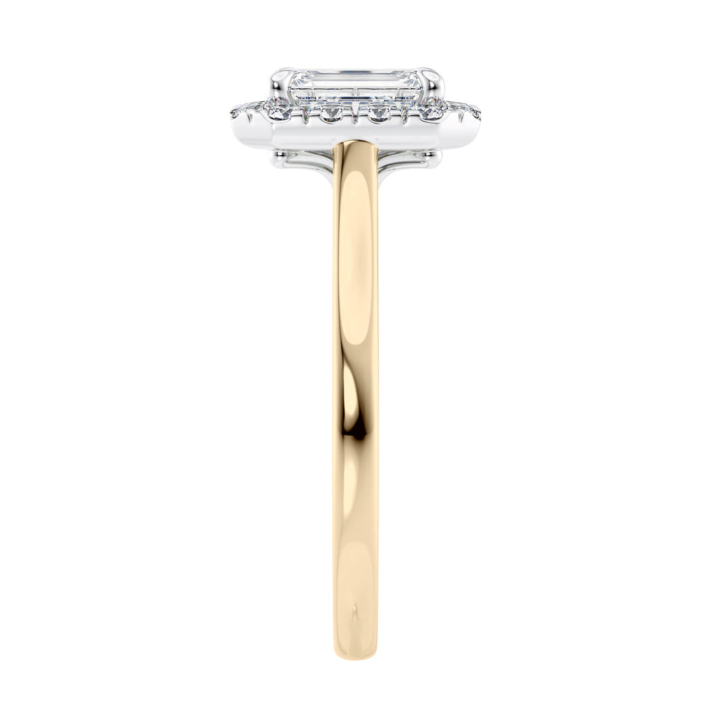 Emerald cut diamond halo style engagement ring 18ct gold end view.