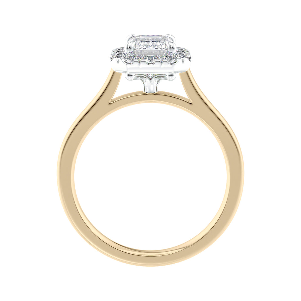 Emerald cut diamond halo style engagement ring 18ct gold side view.