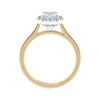 Emerald cut diamond halo style engagement ring 18ct gold side view.