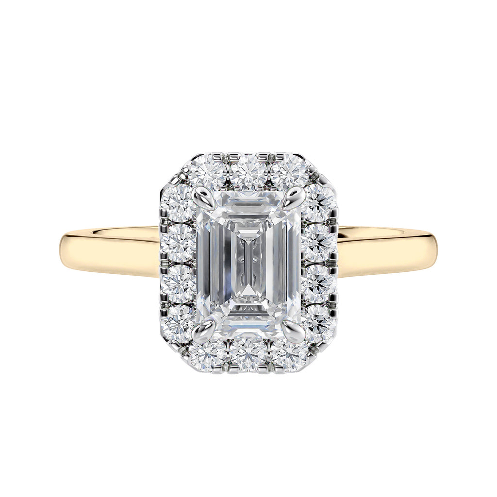 Emerald cut diamond halo style engagement ring 18ct gold front view.