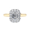 Emerald cut diamond halo style engagement ring 18ct gold front view.