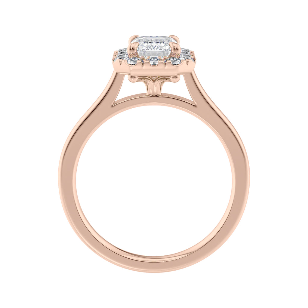 Emerald cut diamond halo style engagement ring rose gold side view.