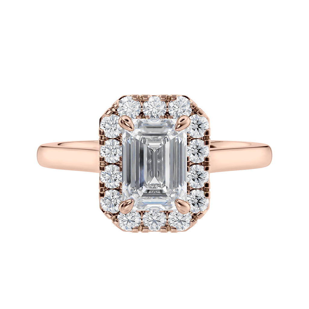 Emerald cut diamond halo style engagement ring rose gold front view.