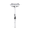 Emerald cut diamond halo style engagement ring 18ct white gold end view.