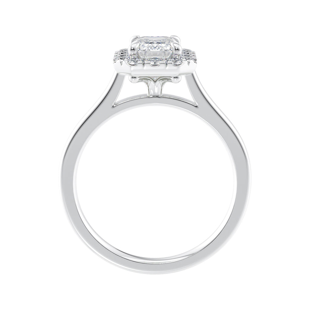Emerald cut diamond halo style engagement ring 18ct white gold side view.