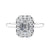 Emerald cut diamond halo style engagement ring 18ct white gold front view.